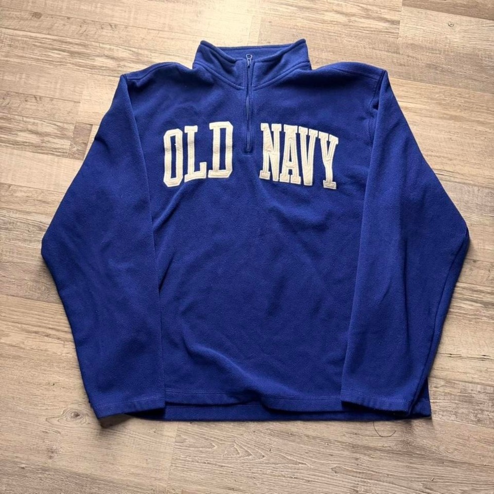 Old Navy Quarter Zip Fleece Pullover Navy Blue Spellout Cozy Fit